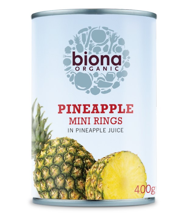 Biona, Mini Pineapple Rings in Pineapple Juice, 425g