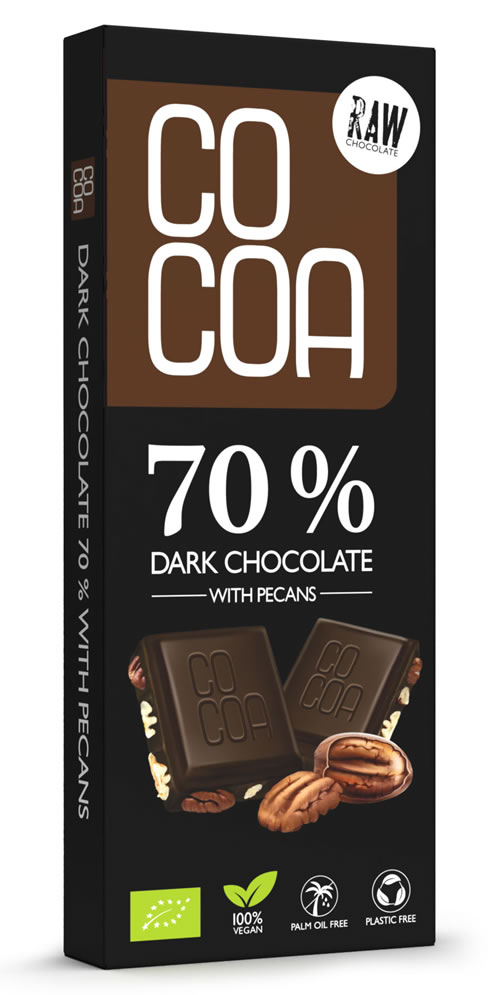 Cocoa, Raw Dark Chocolate 70% with Pecans, 40g