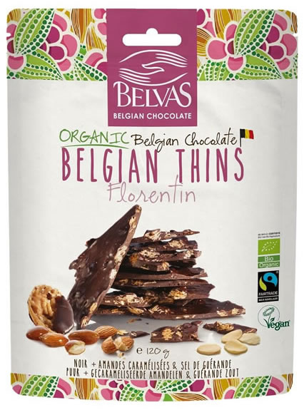 Belvas, Belgian Thins Dark Pieces with Caramelised Almonds, 120g