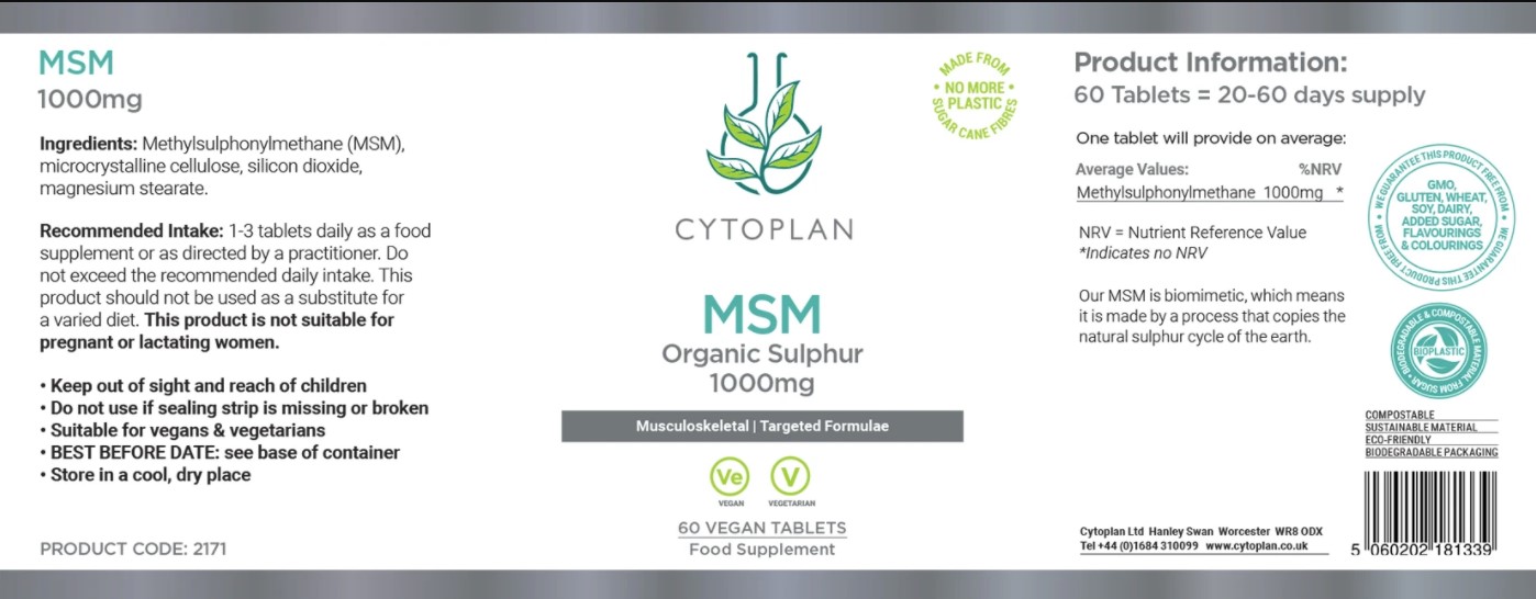 MSM Organic Sulphur 1000mg, 60 tablets